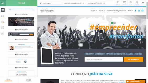 Gif mostrando como o Klickpages é simples de usar